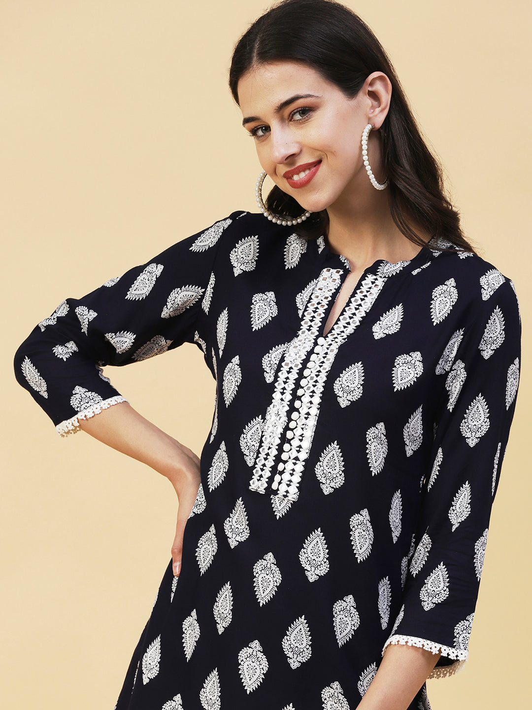 Ethnic Printed Mirror Embroidered Short Kurti - Navy Blue