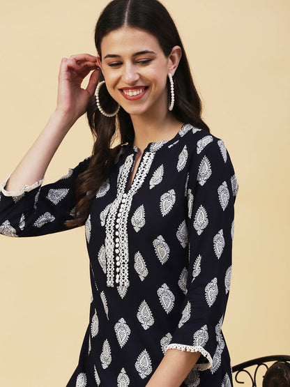 Ethnic Printed Mirror Embroidered Short Kurti - Navy Blue