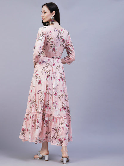 Floral Printed & Embroidered Fit & Flare Maxi Dress - Pink