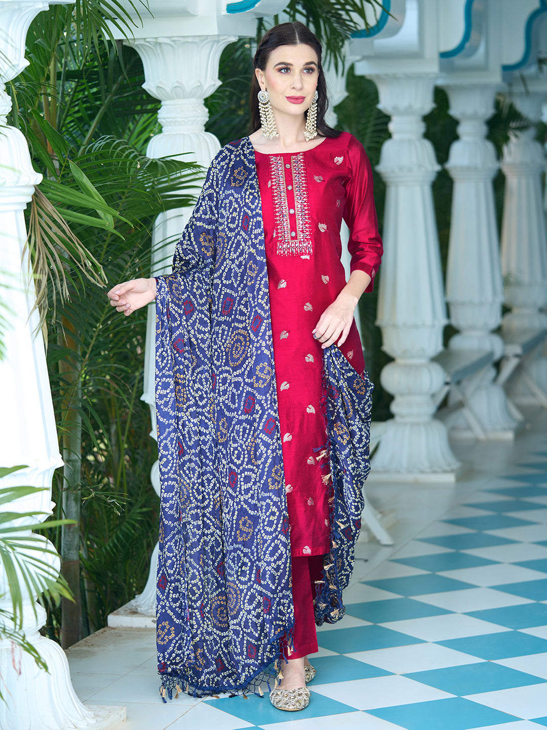 Solid Mirror & Sequins Embroidered Kurta With Pants & Bandhani Dupatta - Red