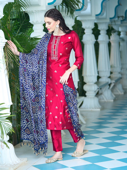 Solid Mirror & Sequins Embroidered Kurta With Pants & Bandhani Dupatta - Red