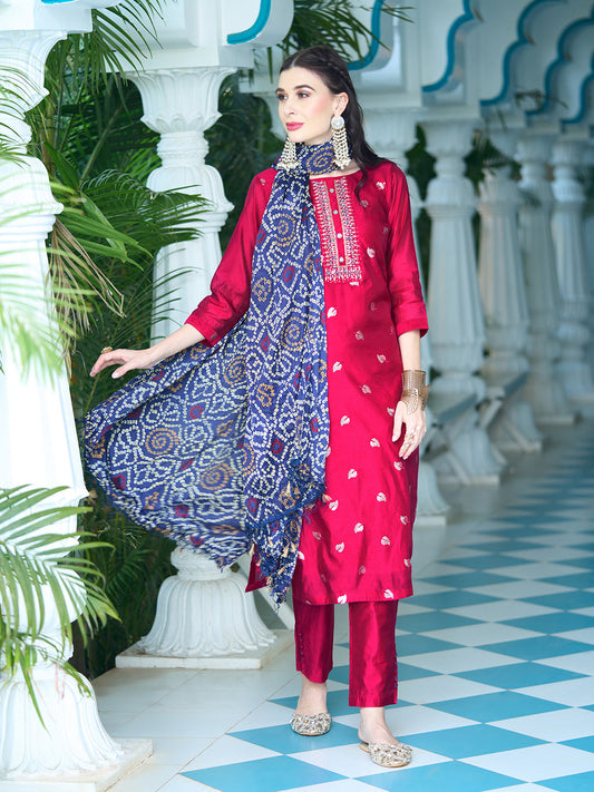 Solid Mirror & Sequins Embroidered Kurta With Pants & Bandhani Dupatta - Red