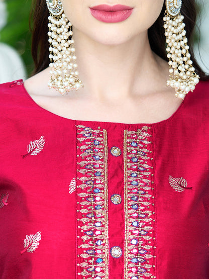 Solid Mirror & Sequins Embroidered Kurta With Pants & Bandhani Dupatta - Red