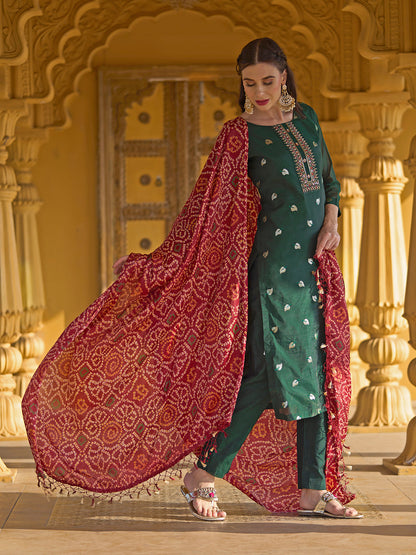 Solid Mirror & Sequins Embroidered Kurta With Pants & Bandhani Dupatta - Green