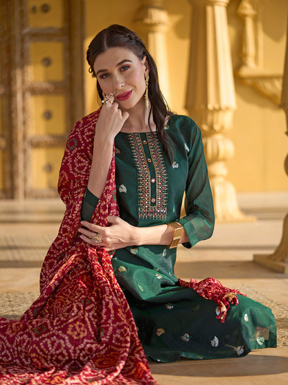 Solid Mirror & Sequins Embroidered Kurta With Pants & Bandhani Dupatta - Green