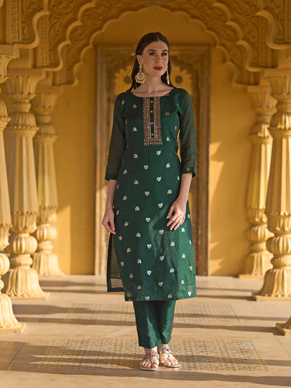 Solid Mirror & Sequins Embroidered Kurta With Pants & Bandhani Dupatta - Green