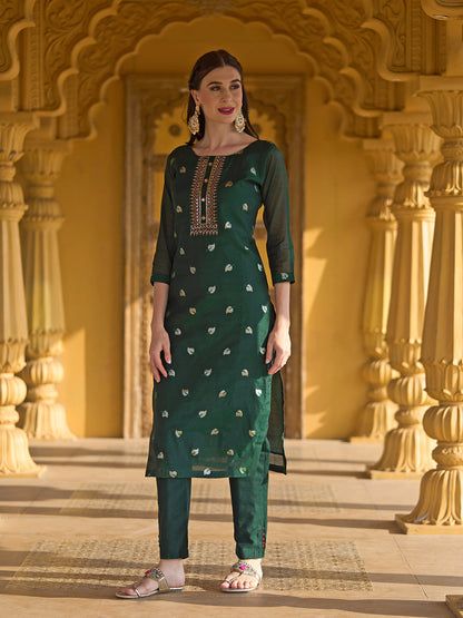 Solid Mirror & Sequins Embroidered Kurta With Pants & Bandhani Dupatta - Green