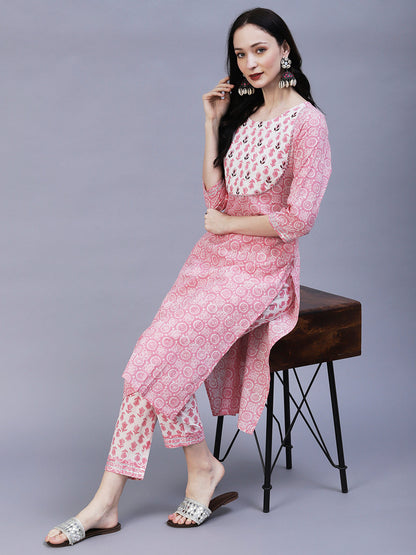 Ethnic Printed Straight Fit Kurta with Pant - Pink