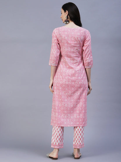 Ethnic Printed Straight Fit Kurta with Pant - Pink