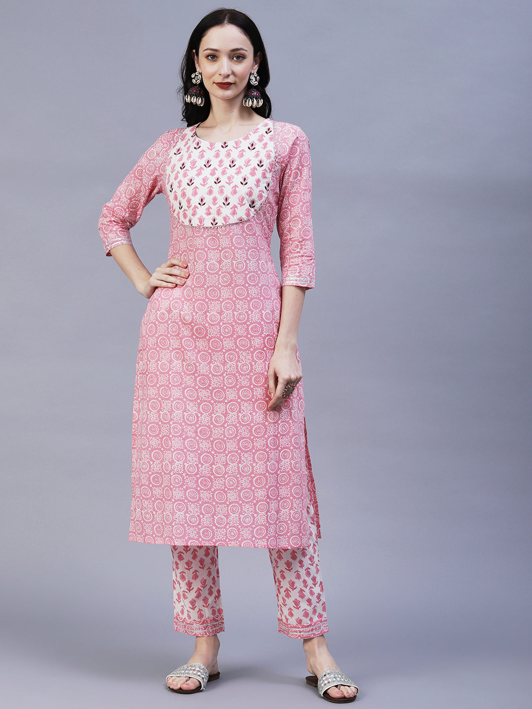 Ethnic Printed Straight Fit Kurta with Pant - Pink