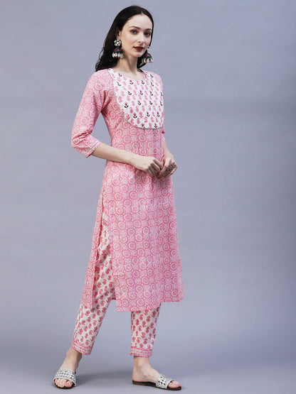 Ethnic Printed Straight Fit Kurta with Pant - Pink