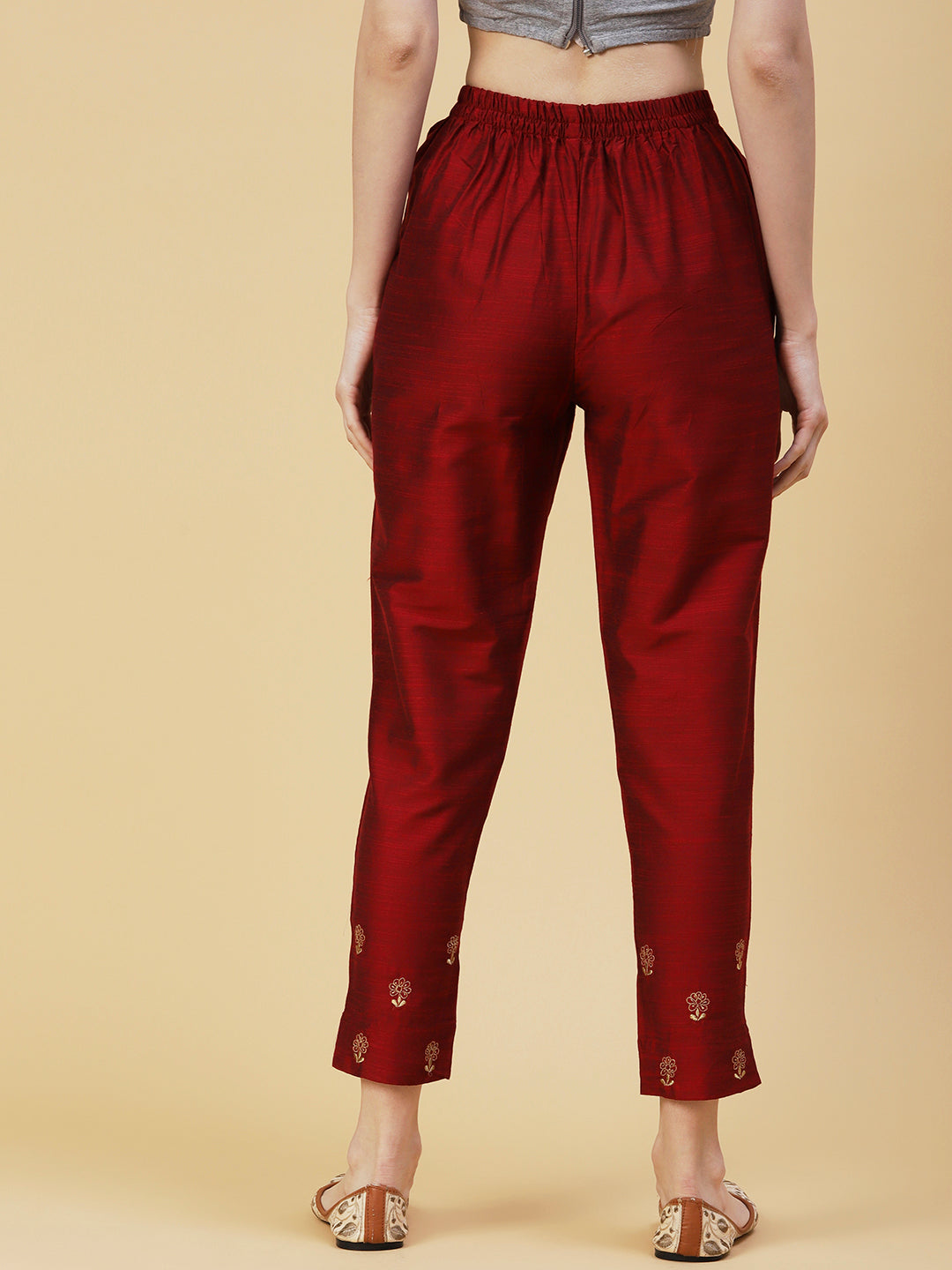 Solid Zari Floral Embroidered Pants - Maroon