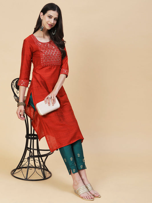 Woven Textured Resham & Sequins Embroidered Kurta - Orange