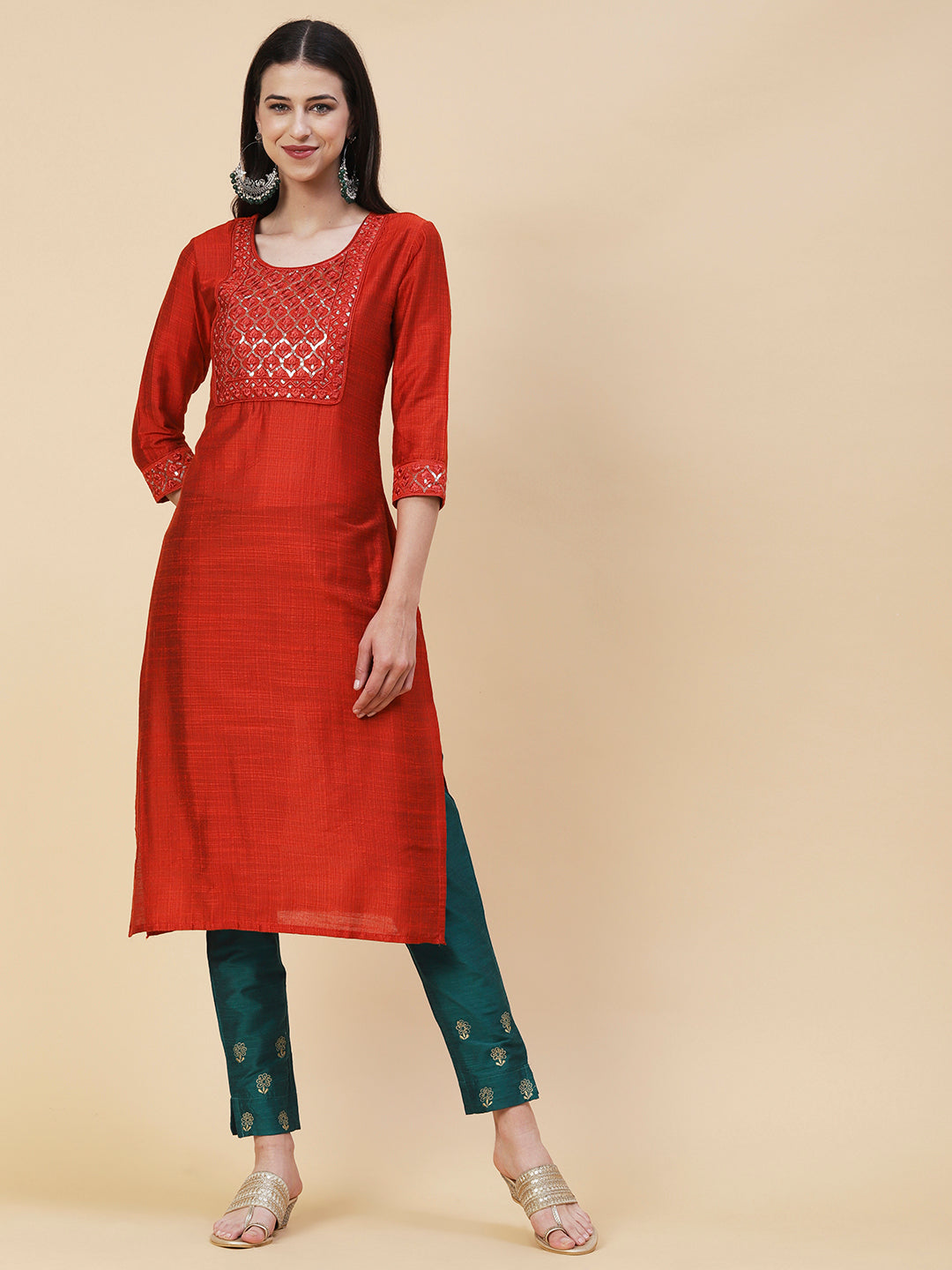 Woven Textured Resham & Sequins Embroidered Kurta - Orange