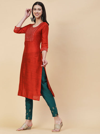 Woven Textured Resham & Sequins Embroidered Kurta - Orange