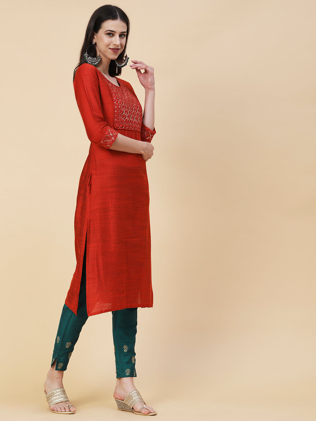 Woven Textured Resham & Sequins Embroidered Kurta - Orange