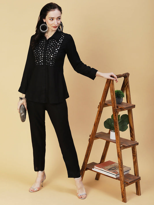 Solid Foil Mirror Embroidered Straight Fit Shirt With Pant - Black