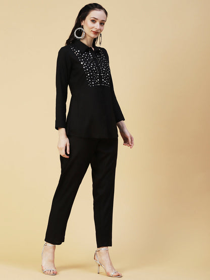 Solid Foil Mirror Embroidered Straight Fit Shirt With Pant - Black