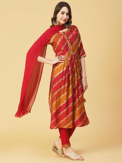 Ethnic Bandhani Printed & Embroidered A-Line Kurta with Pant & Dupatta - Magenta