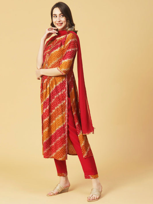 Ethnic Bandhani Printed & Embroidered A-Line Kurta with Pant & Dupatta - Magenta