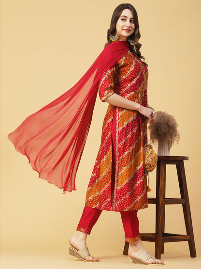 Ethnic Bandhani Printed & Embroidered A-Line Kurta with Pant & Dupatta - Magenta