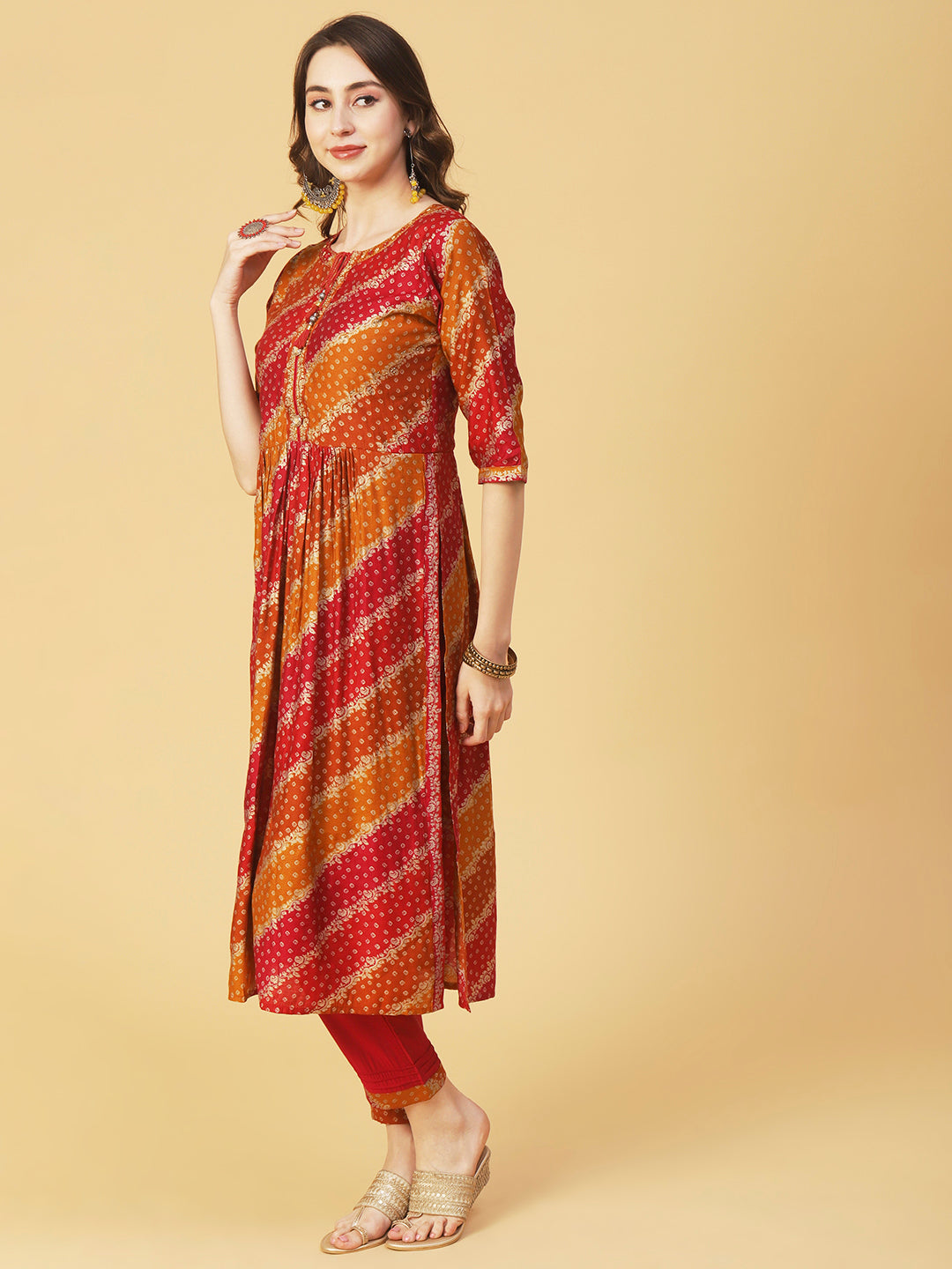 Ethnic Bandhani Printed & Embroidered A-Line Kurta with Pant & Dupatta - Magenta