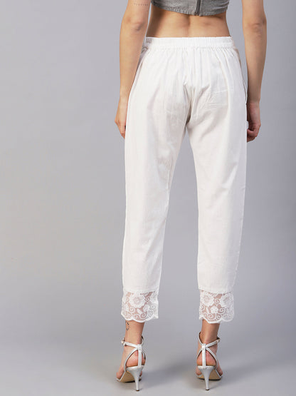 Solid Floral Embroidered Straight Fit Ankle Pant - White