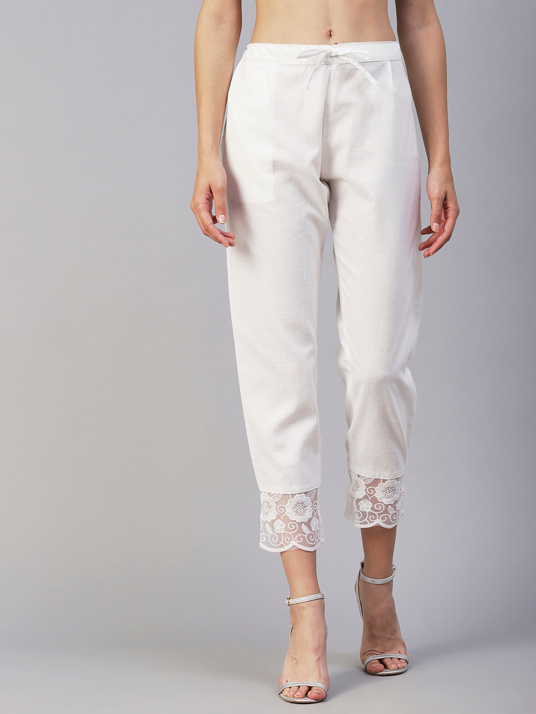 Solid Floral Embroidered Straight Fit Ankle Pant - White