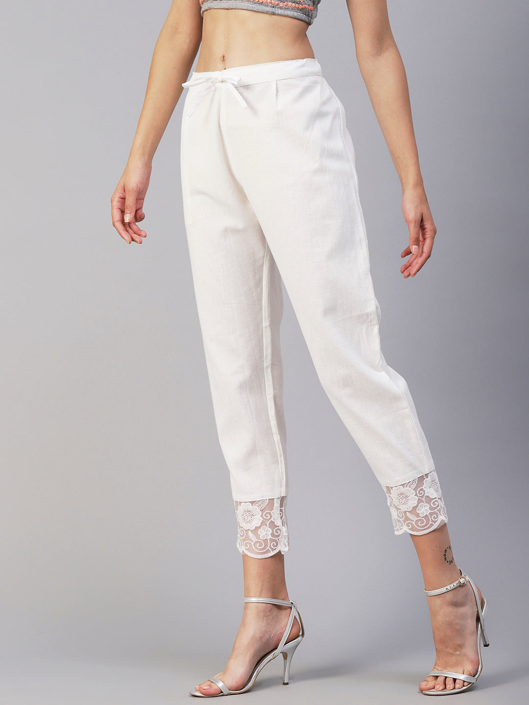 Solid Floral Embroidered Straight Fit Ankle Pant - White