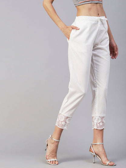 Solid Floral Embroidered Straight Fit Ankle Pant - White