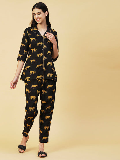 Animal Printed A-line Shirt With Pants Co-ord Set - Black