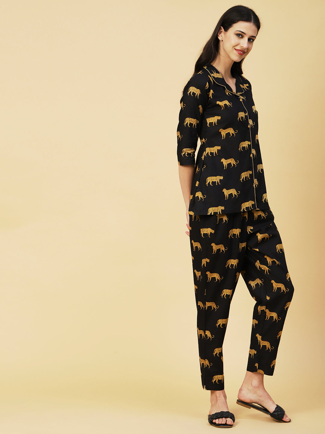 Animal Printed A-line Shirt With Pants Co-ord Set - Black