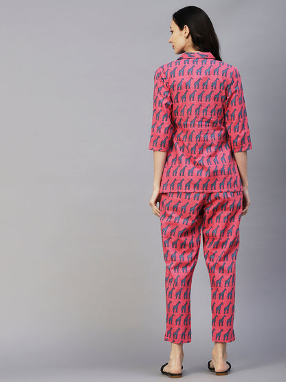 Animal Printed Shirt With Matching Pants Co-ord Set - Pink