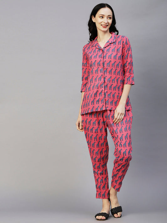 Animal Printed Shirt With Matching Pants Co-ord Set - Pink