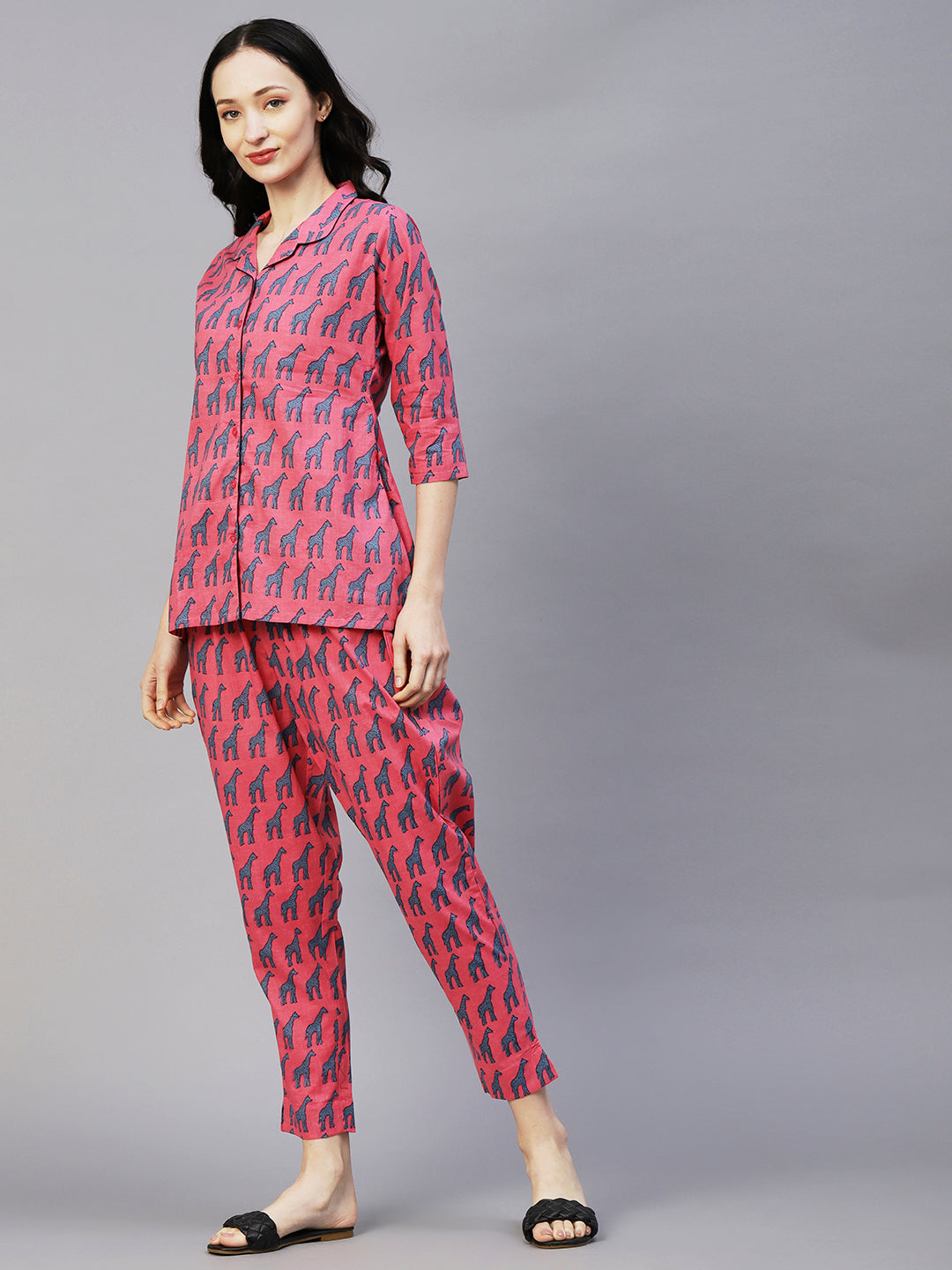 Animal Printed Shirt With Matching Pants Co-ord Set - Pink