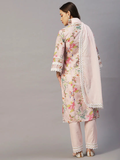 Floral Printed Zari & Sequins Embroidered Schiffili Work Mulmul Cotton Kurta With Pants & Dupatta - Light Pink