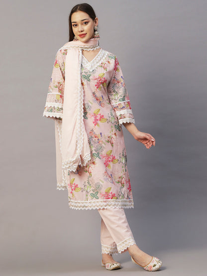 Floral Printed Zari & Sequins Embroidered Schiffili Work Mulmul Cotton Kurta With Pants & Dupatta - Light Pink