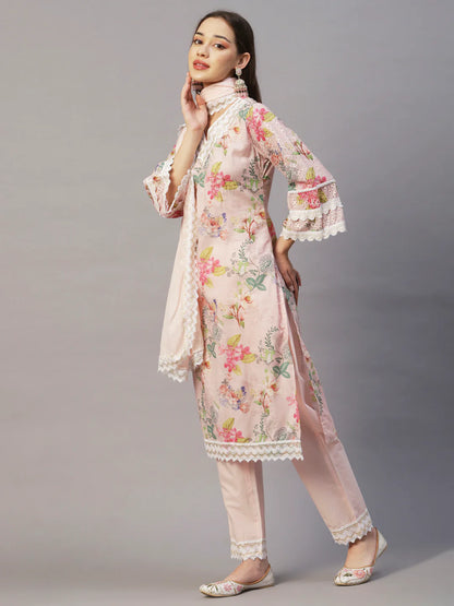 Floral Printed Zari & Sequins Embroidered Schiffili Work Mulmul Cotton Kurta With Pants & Dupatta - Light Pink