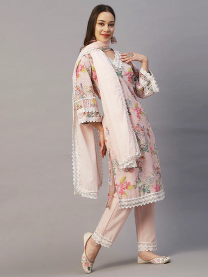 Floral Printed Zari & Sequins Embroidered Schiffili Work Mulmul Cotton Kurta With Pants & Dupatta - Light Pink