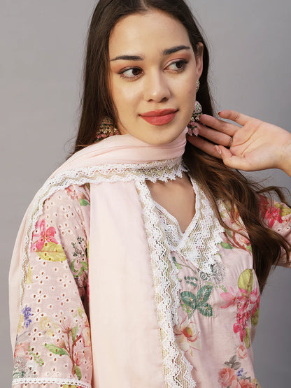 Floral Printed Zari & Sequins Embroidered Schiffili Work Mulmul Cotton Kurta With Pants & Dupatta - Light Pink