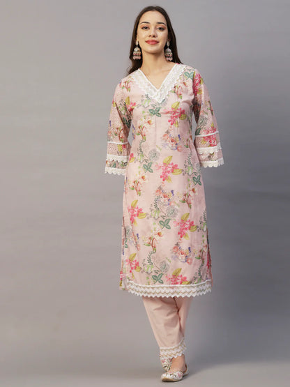 Floral Printed Zari & Sequins Embroidered Schiffili Work Mulmul Cotton Kurta With Pants & Dupatta - Light Pink