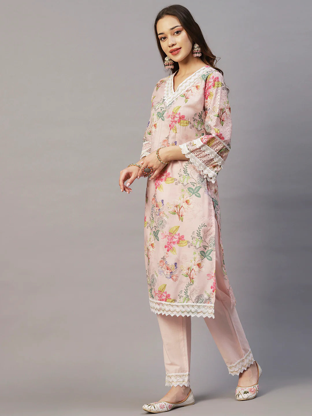 Floral Printed Zari & Sequins Embroidered Schiffili Work Mulmul Cotton Kurta With Pants & Dupatta - Light Pink