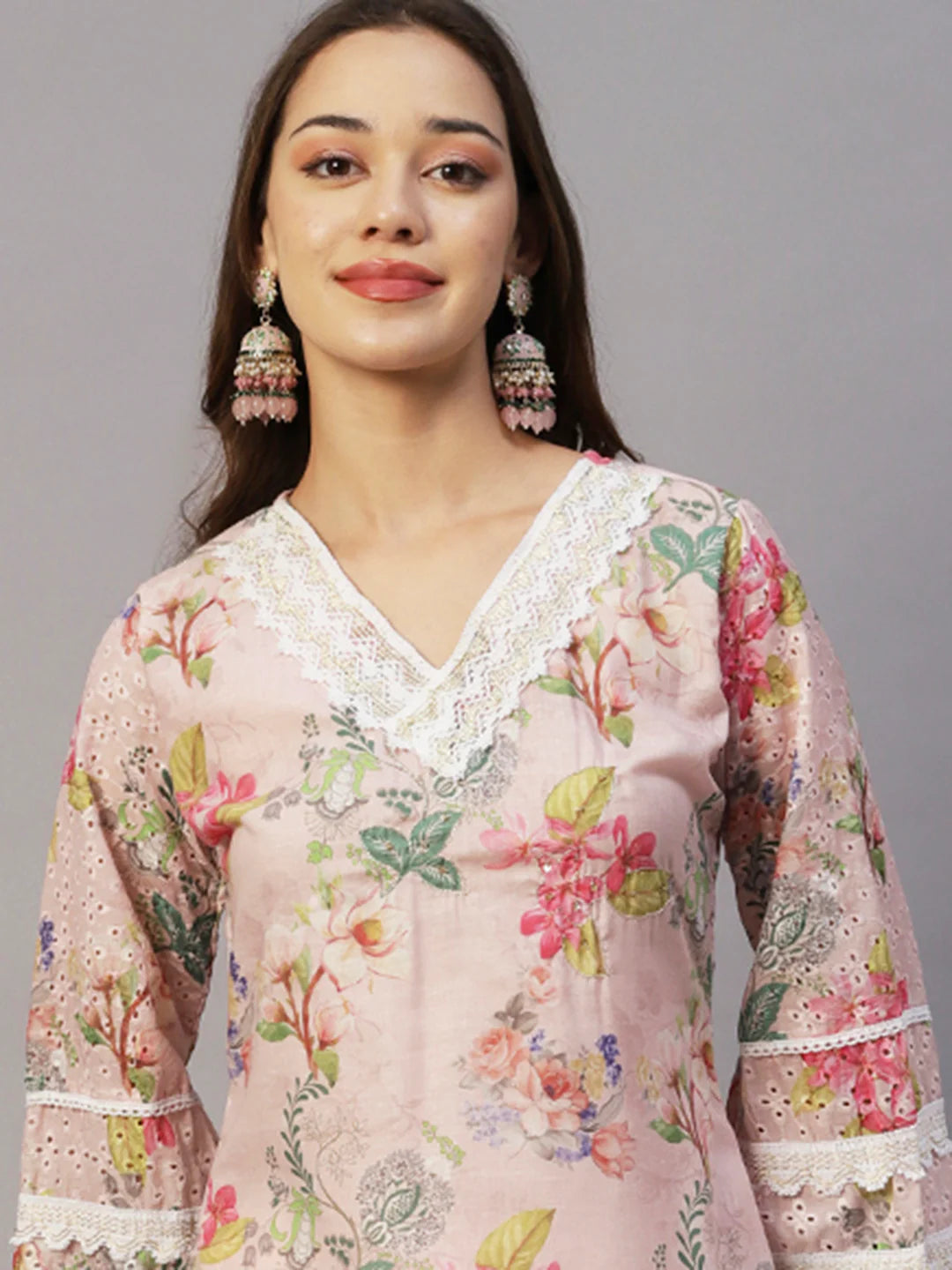 Floral Printed Zari & Sequins Embroidered Schiffili Work Mulmul Cotton Kurta With Pants & Dupatta - Light Pink