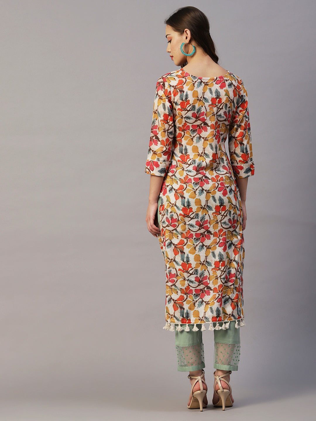 Abstract Floral Printed Straight Fit Linen Blend Kurta - Multi