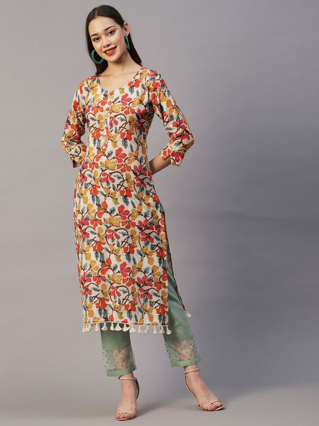 Abstract Floral Printed Straight Fit Linen Blend Kurta - Multi