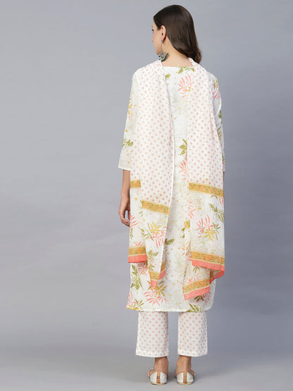 Floral Leaf Printed Mirror & Resham Embroidered Kurta With Pants & Dupatta - White & Multi