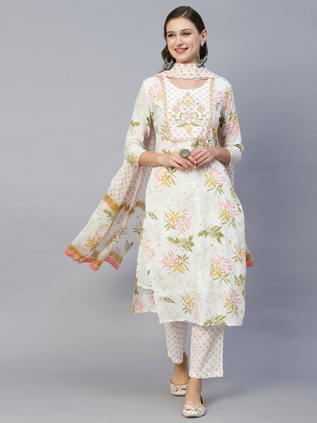 Floral Leaf Printed Mirror & Resham Embroidered Kurta With Pants & Dupatta - White & Multi