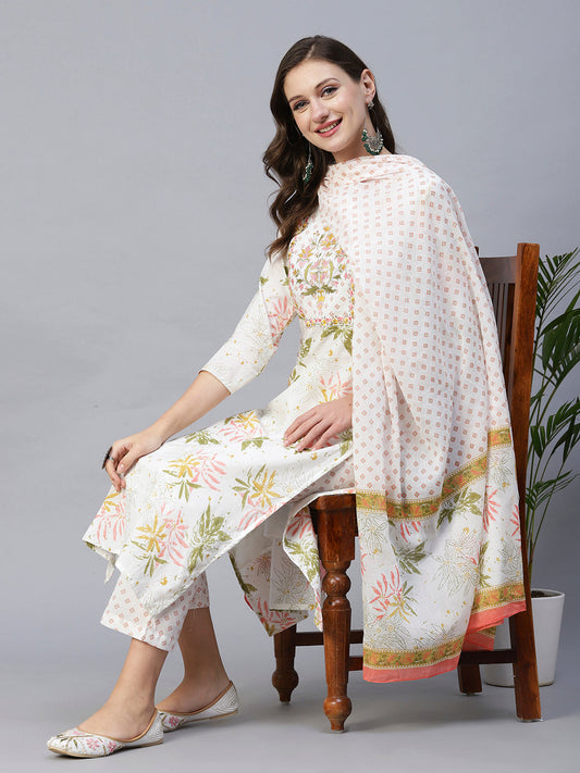 Floral Leaf Printed Mirror & Resham Embroidered Kurta With Pants & Dupatta - White & Multi