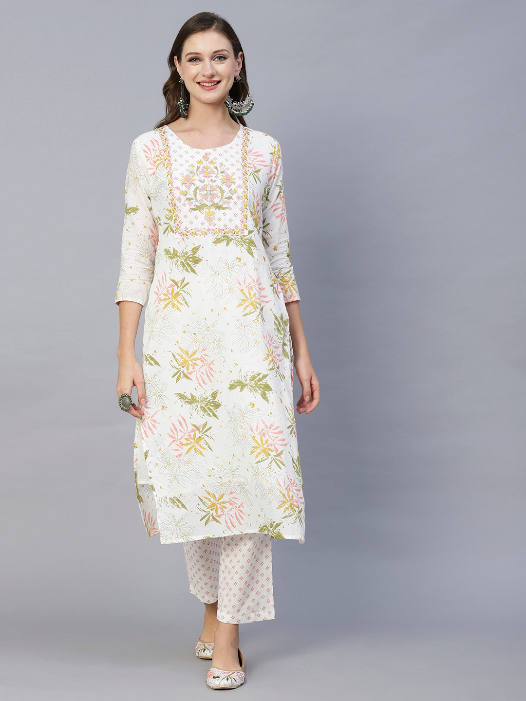 Floral Leaf Printed Mirror & Resham Embroidered Kurta With Pants & Dupatta - White & Multi