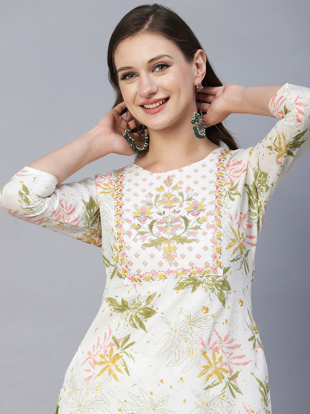 Floral Leaf Printed Mirror & Resham Embroidered Kurta With Pants & Dupatta - White & Multi